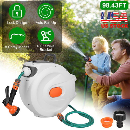 Retractable Garden Hose Reel Wall Mounted Automatic Water Hose Reel with Any Length Lock 8 Pattern Spraying Modes 180¡ Swivel Bracket