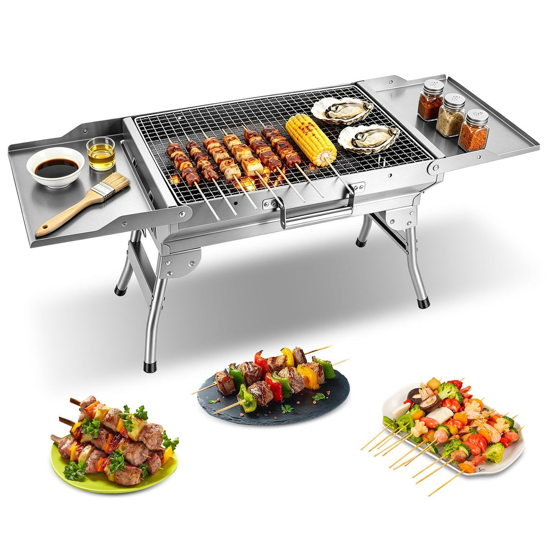 Foldable Charcoal Grill with Storage Shelf and 10 Skewers