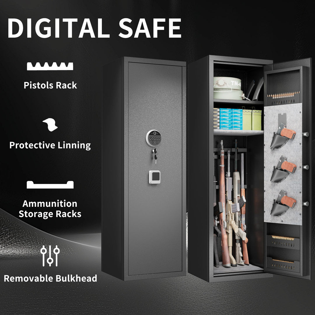 57In Biometric Gun Safe for Rifles and Pistols, Tall Metal Rifle Safe with Fingerprint Keypad and Key Access, Removable 