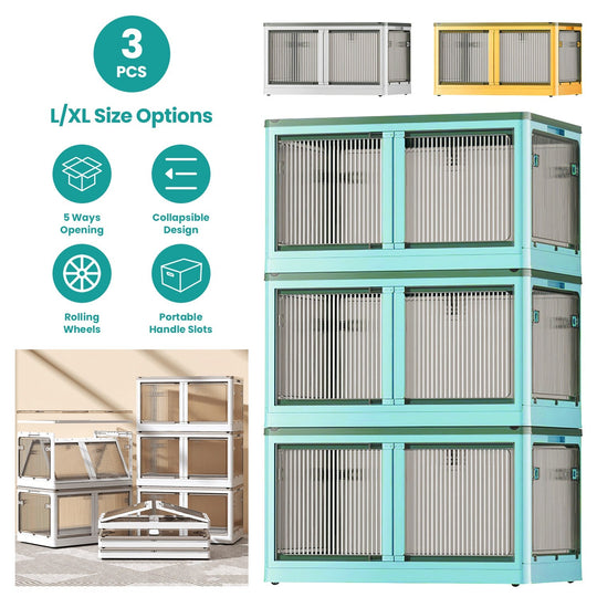 3Pcs Foldable Storage Bins with Lid 4 Doors Collapsible Stackable Closet Organizer Containers with Lock 4Pcs Wheels