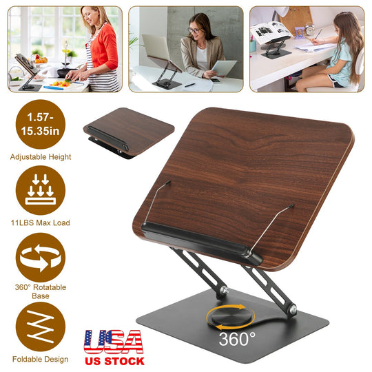 Book Stand for Reading Foldable Wood Book Holder Reading Rack Paper Stand with Adjustable Height 360¡ Rotatable Base Dual Paper Clips for Book Sheet M
