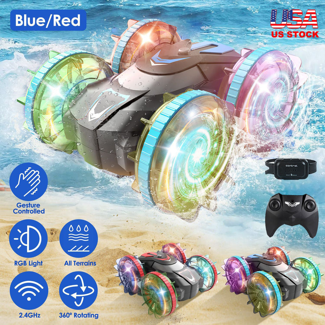 2 In 1 Amphibious RC Car Waterproof Stunt Car with Wrist Controller 4WD 360¡ Rotating Gesture Car with RGB Lights for Kids Aged 6+ Years Old Double-si