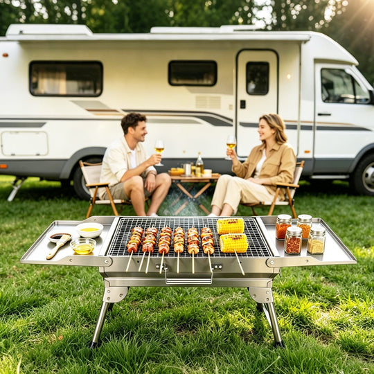Foldable Charcoal Grill with Storage Shelf and 10 Skewers