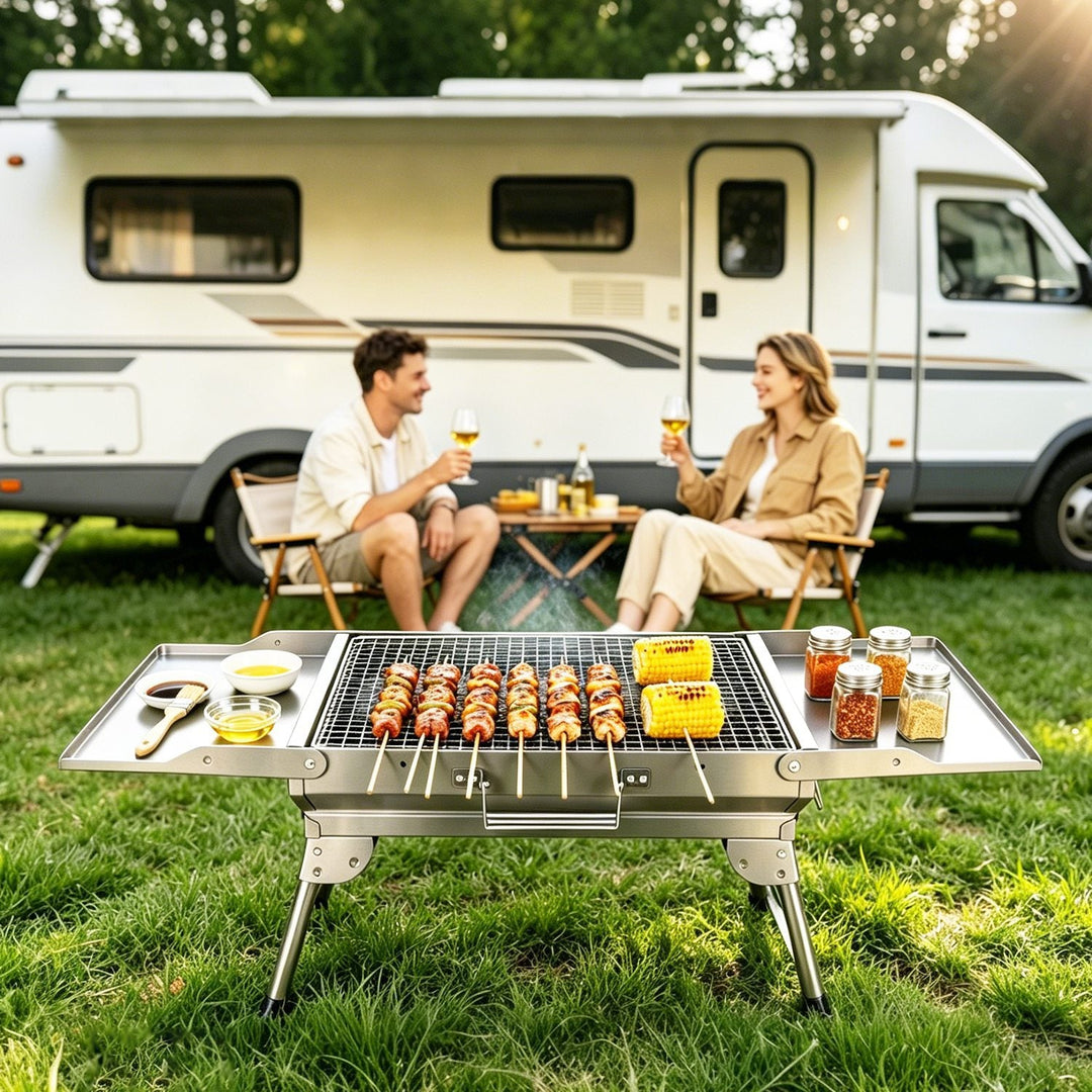 Foldable Charcoal Grill with Storage Shelf and 10 Skewers