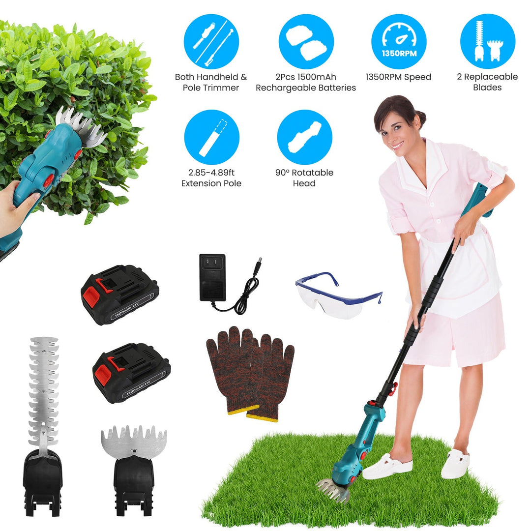 Pole Mini Hedge Trimmer & Grass Shear Electric Cordless Handheld Hedge Trimmer with 90¡ Rotatable Head Telescopic Extension Pole Gloves Goggles 2Pcs 2