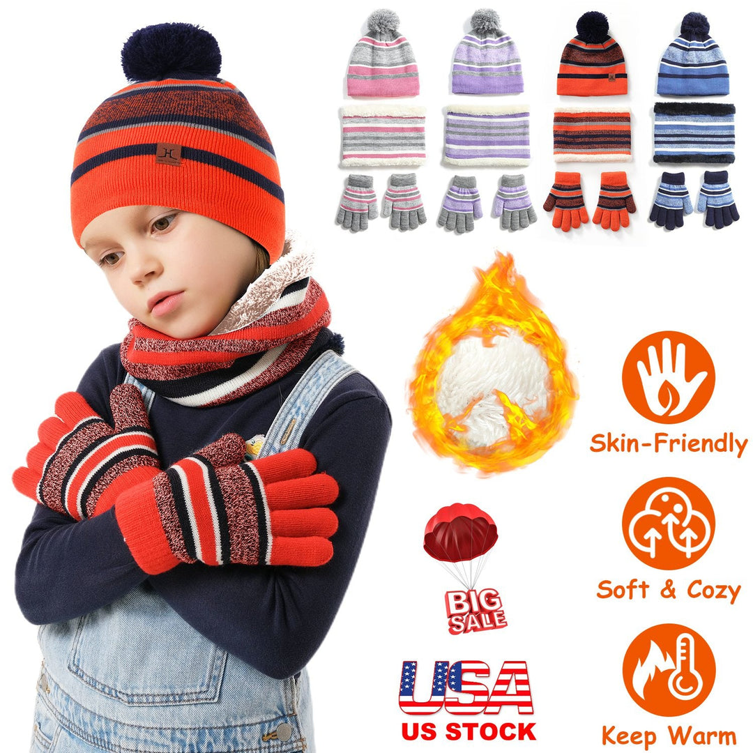 Winter Kids Knitted Hat Scarf Gloves 3Pcs Boys Girls Winter Warm Beanie Hat and Glove Scarf Set Beanie Neck Warmer Mittens for 4-7-Year-Old Kids