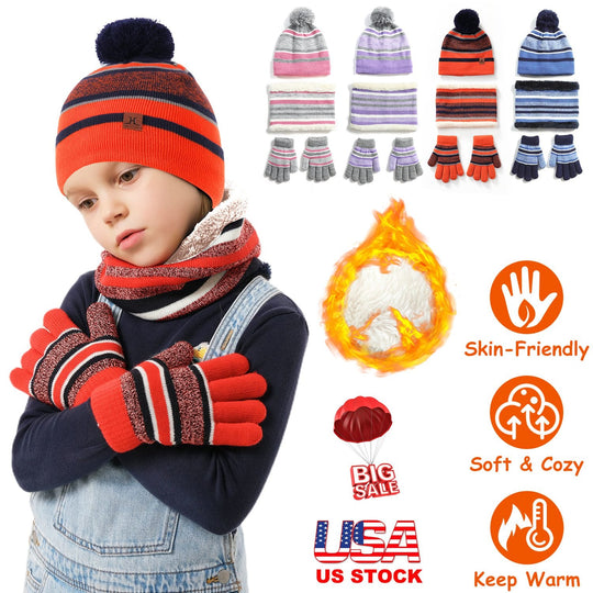 Winter Kids Knitted Hat Scarf Gloves 3Pcs Boys Girls Winter Warm Beanie Hat and Glove Scarf Set Beanie Neck Warmer Mittens for 4-7-Year-Old Kids