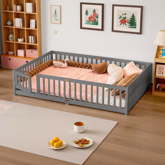 Montessori Floor Bed with Safety Guardrails and Lockable Door
