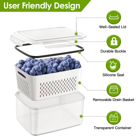 5Pcs Fruit Vegetable Containers with Removable Drain Basket Leakproof Lid Stackable Food Storage Organizer for Fridge Dishwasher Safe