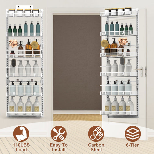 Over The Door Pantry Organizer 6-Tier Pantry Door Organizer Carbon Steel 110LBS Loading Easy Install Behind Door Storage For Closet Kitchen Bathroom 5
