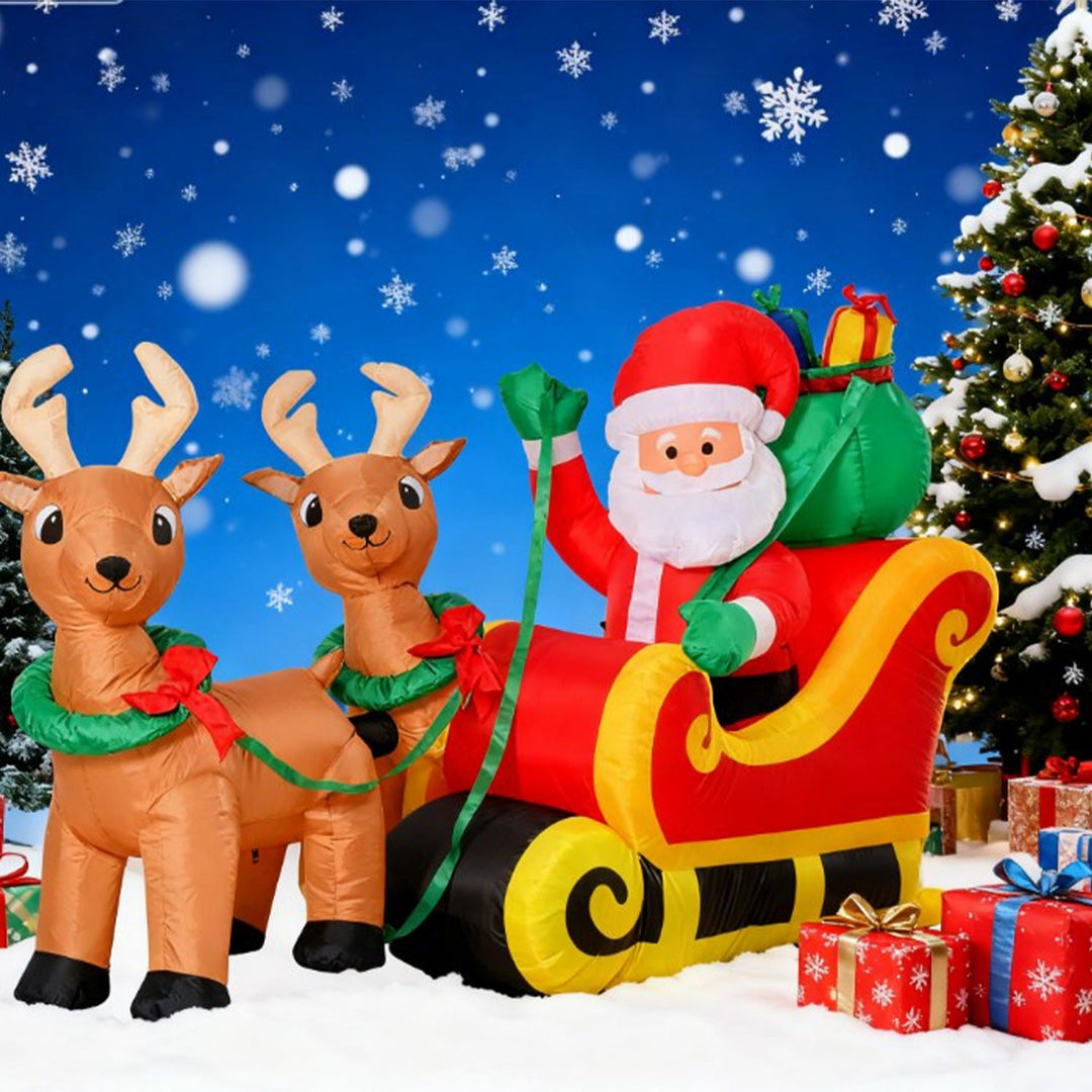 8FT Inflatable Santa Sleigh with Reindeer & LED Lights