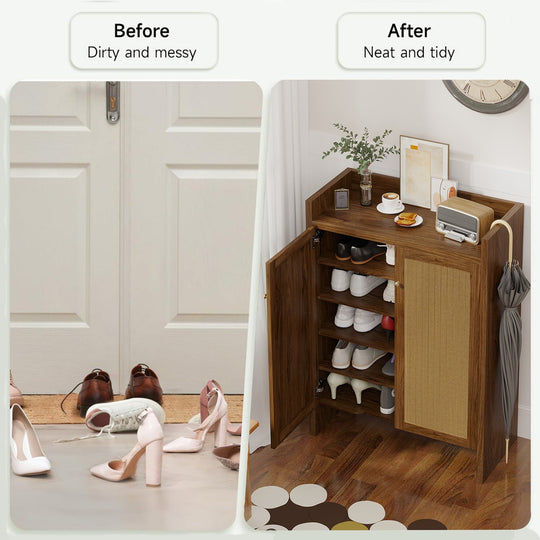 Rattan Shoe Cabinet with Doors, 6-Tier Storage Organizer