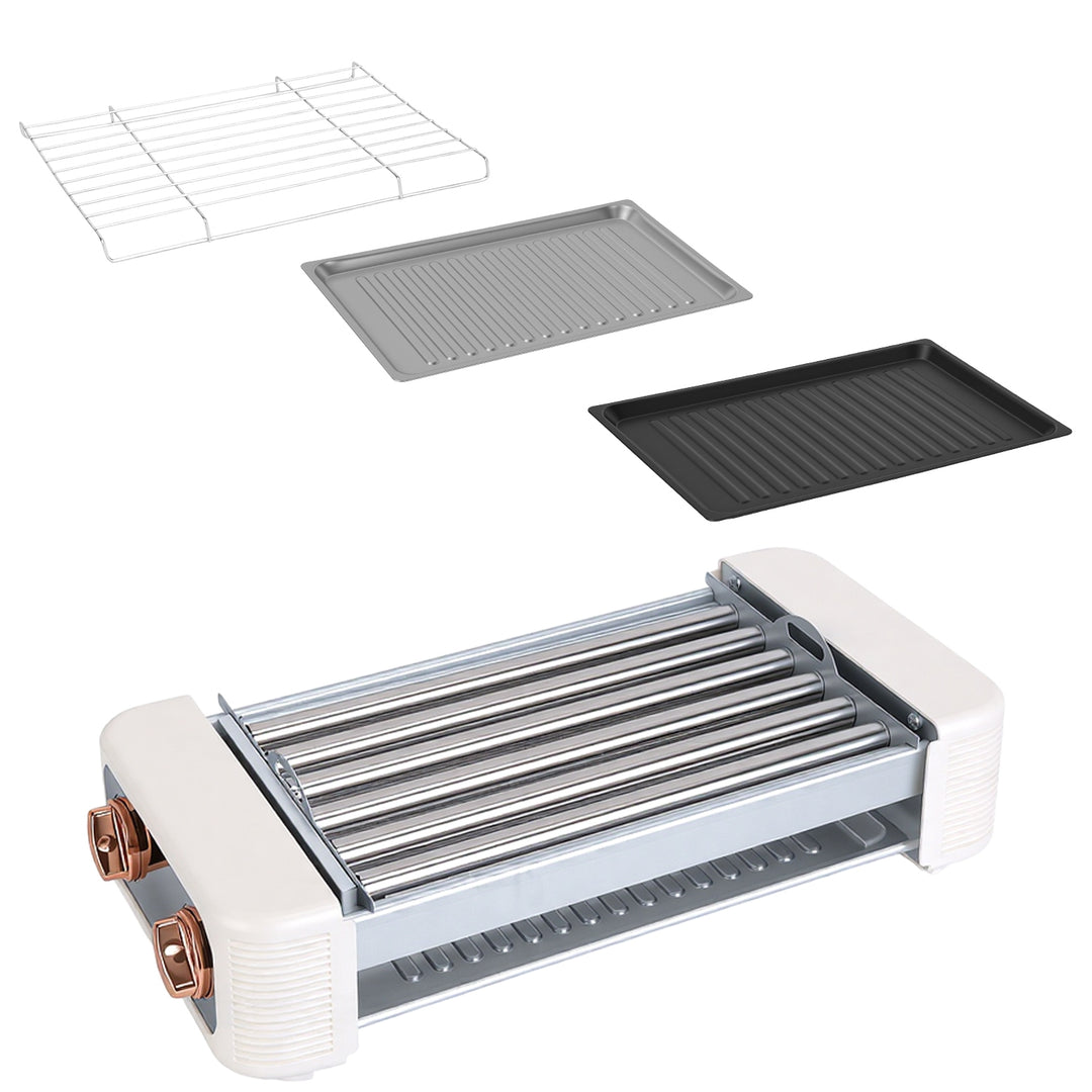 3 In 1 Electric Hot Dog Roller Machine with Grill & Griddle 6-Roller Hot Dog Cooker Smokeless Non-Stick Indoor Outdoor with 3 Temp Levels for BBQ Saus