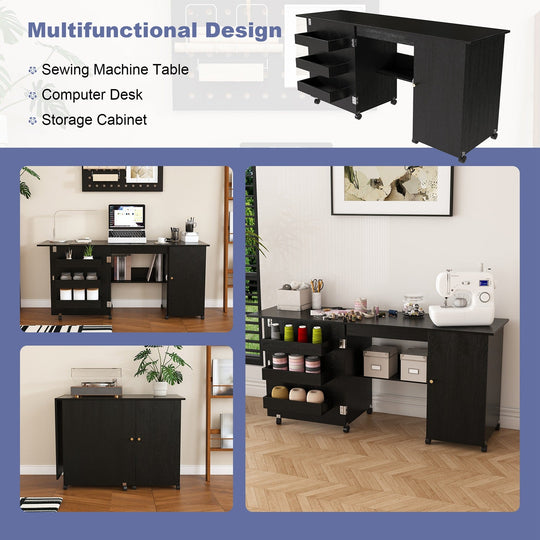 57.5" Foldable Sewing Machine Table with Storage & Casters