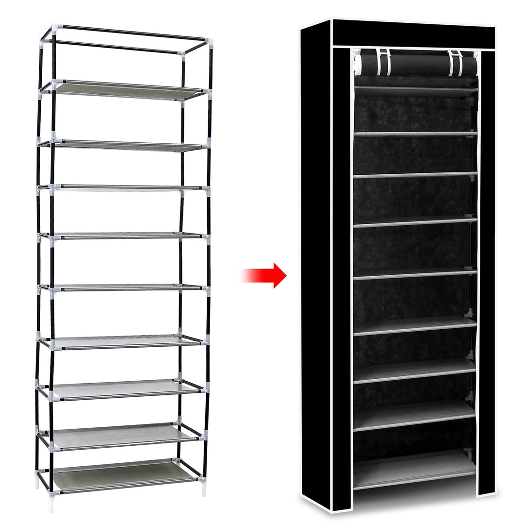 iMounTEK 10 Tiers DIY Shoe Cabinet Dustproof Easy Assemble Tidy Shoe Rack Non-Woven Fabric Holding 27 Pair Shoes Black