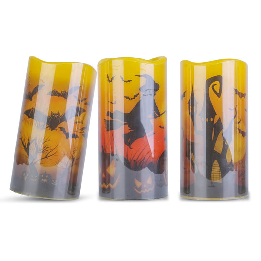 3 Pack Halloween Flameless Candle Lamp with Timer Setting Battery Operated Warm Orange Light Candles for Halloween Party Decoration Witch Bat Castle