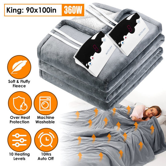 Electric Heated King Size Fleece Heated Blanket with Dual Controller 10 Heating Levels 10 Hours Auto Off Machine Washable for Home Office Usage 90x100