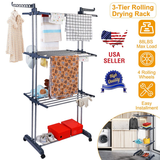 Clothes Drying Rack Rolling Collapsible Laundry Dryer Hanger Stand Rail Shelve_x000B__x000B_Wardrobe Clothing Drying Racks w/ Dual Side Wings