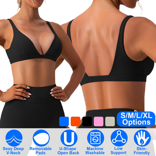 Women Deep V-Neck Sports Bras U-Shaped Back Sport Bras Padded StrappyÊCrop Open Back Low Impact Bras SexyÊFitnessÊTank Tops with Removable Pads for Gy