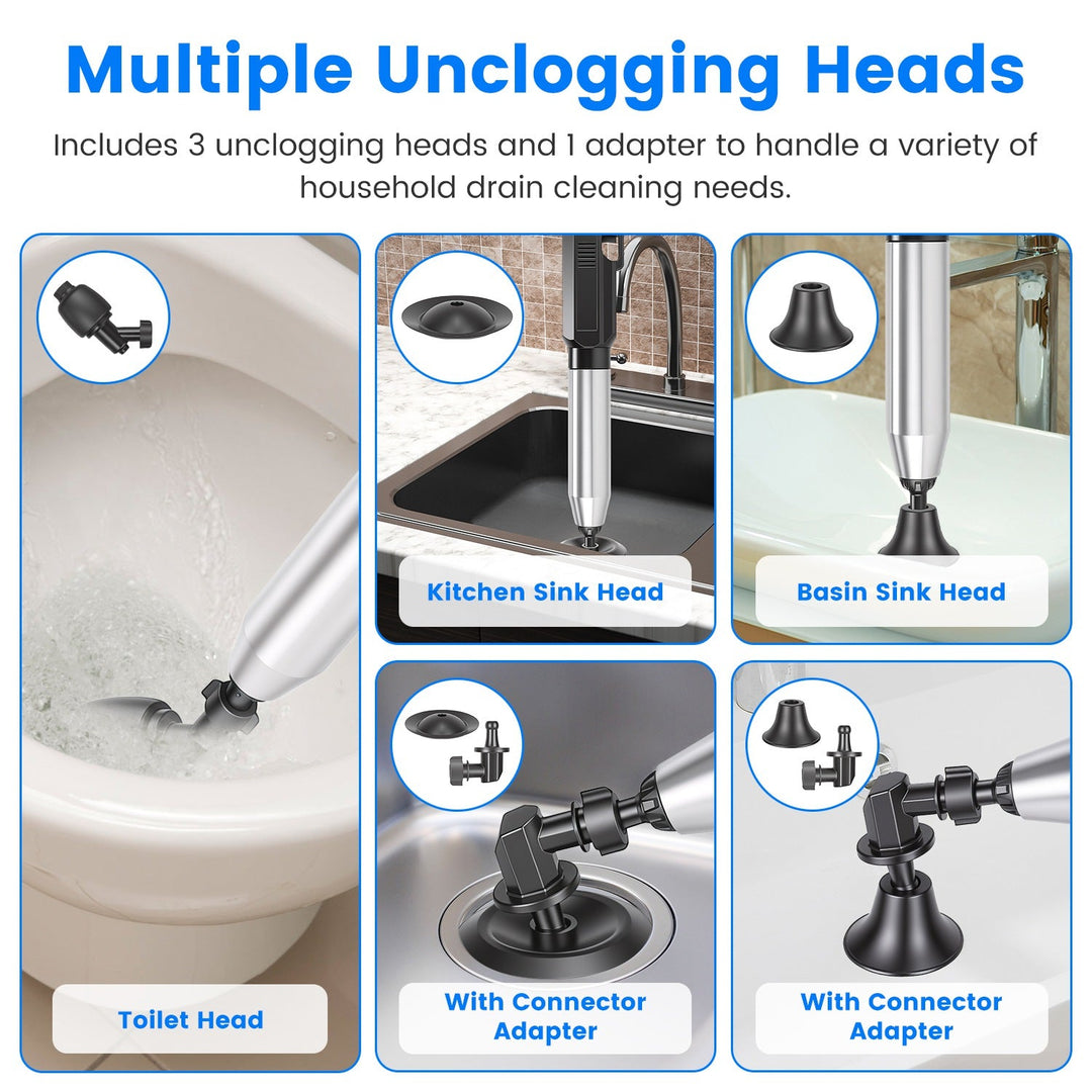 Electric Toilet Plunger with Air Pressure Gauge & 3 Heads
