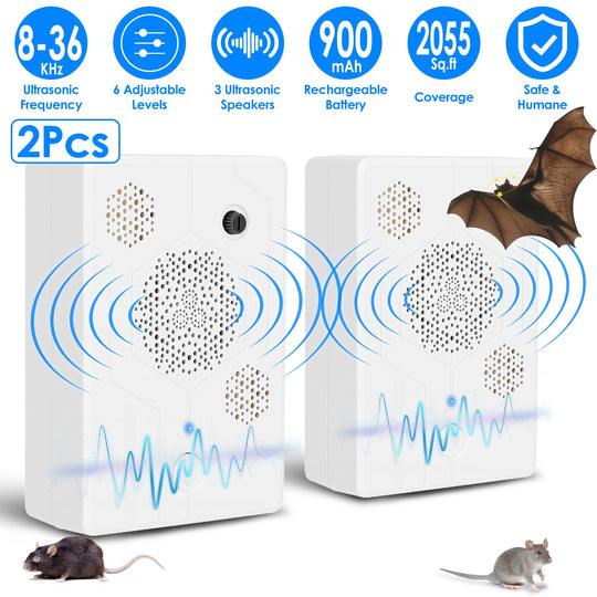 2Pack 2026 Upgraded Rechargeable Ultrasonic Bat Repellent Indoor Outdoor Bird Mouse Dog Deterrent Device with 3 Ultrasonic Speakers for Attic Porch Ho