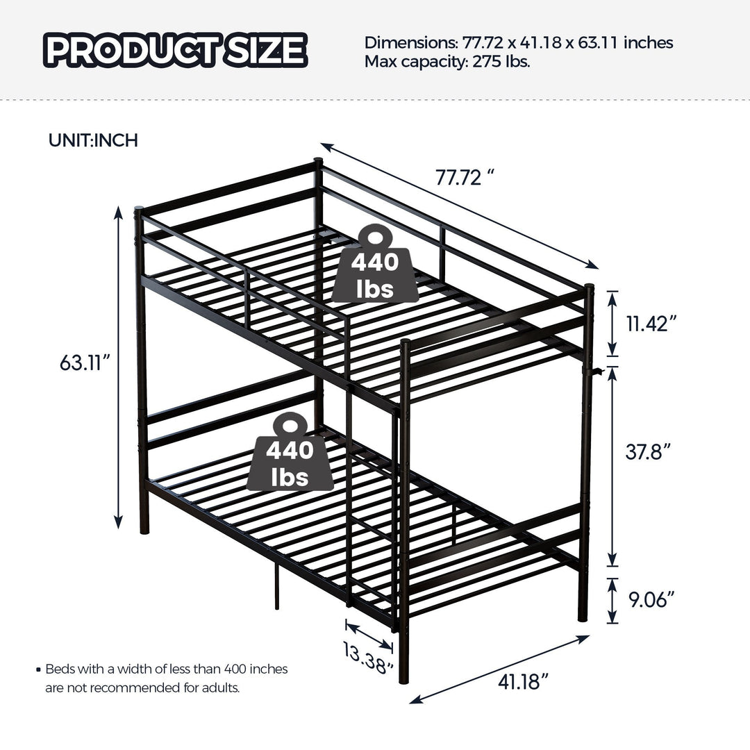 Twin Over Twin Metal Bunk Bed with Ladder and Guardrails