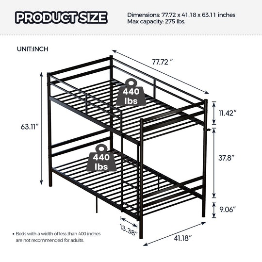 Twin Over Twin Metal Bunk Bed with Ladder and Guardrails