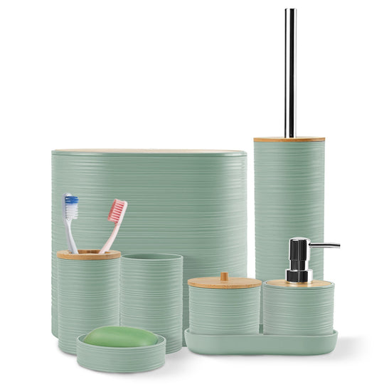 8Pcs Bathroom Accessories Set Bathroom Holder Set with Soap Dispenser Toothbrush Holder Cup Soap Dish Toilet Cleaning Brush Trash Can Qtip Holder Vani