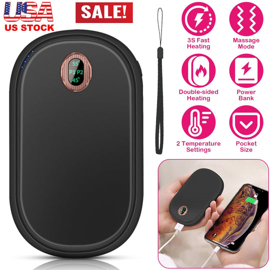 Rechargeable Hand Warmer Electric Hand Heater Portable Reusable Pocket Warmer Power Bank with Digital Display 2 Levels Double-sided Heating
