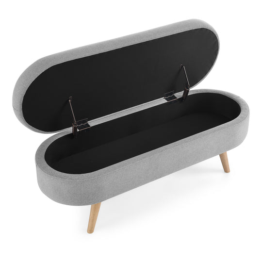 Oval Storage Ottoman Bench, Upholstered Storage Bench with Rubberwood Legs, Multifunctional Entryway Bench for Bedroom L