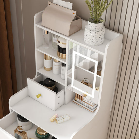 3 In 1 White Vanity Desk Set with LED Light Mirror & Hidden Storage Stool, Compact Multi-Functional Makeup Dressing Tabl