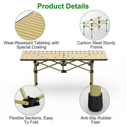 Folding Camping Table Portable Lightweight Carbon Steel Roll-up Picnic BBQ Desk with Carry Bag Heavy Duty for Outdoor Beach Backyard Party Patio Campi
