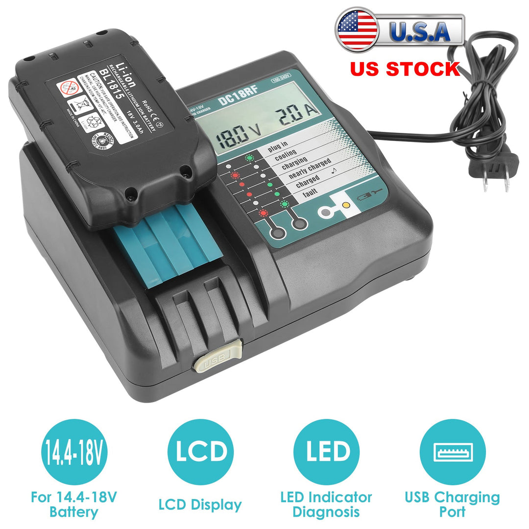 Rapid Charger Replacement Fit for Makita 14.4-18V Battery BL1860 BL1830 BL1850 with_x000B__x000B_LCD Display USB Port