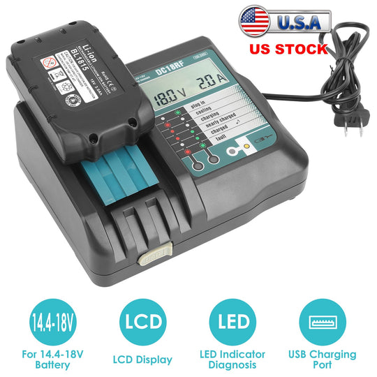 Rapid Charger Replacement Fit for Makita 14.4-18V Battery BL1860 BL1830 BL1850 with_x000B__x000B_LCD Display USB Port