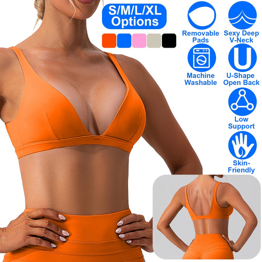 Women Deep V-Neck Sports Bras U-Shaped Back Sport Bras Padded StrappyÊCrop Open Back Low Impact Bras SexyÊFitnessÊTank Tops with Removable Pads for Gy
