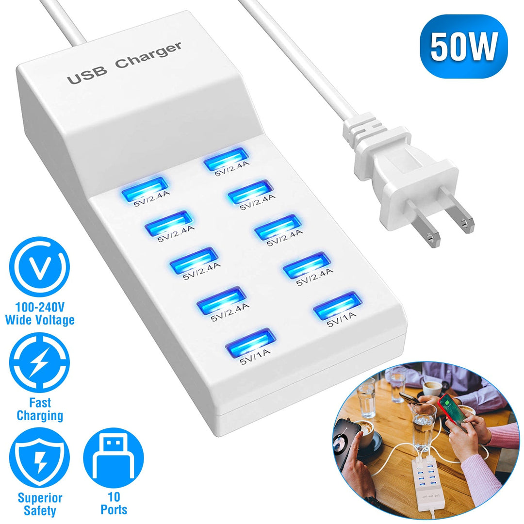 10 Ports USB Charging Station Hub 50W USB Wall Charger Fast Charging Power Adapter for Phone Tablet