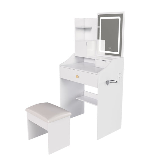 White Vanity Desk Set with LED Lighted Mirror & Padded Stool