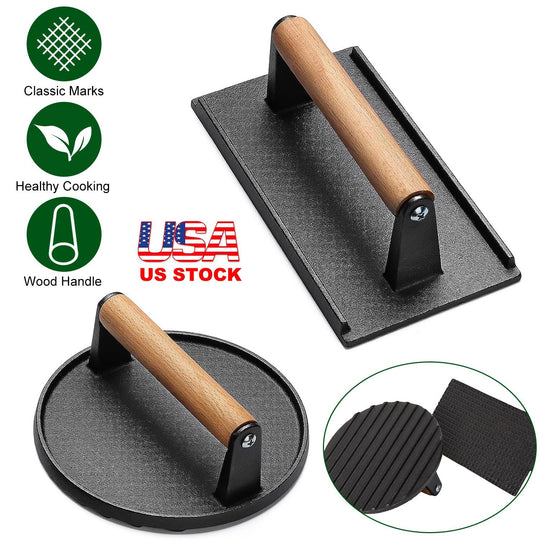 2Pcs Cast Iron Grill Press Pre-Seasoned Steak Weights Smash Burger Press Bacon Meat Smasher with Wood Handle 7in Round & 8.2x4.25in Rectangular Grill
