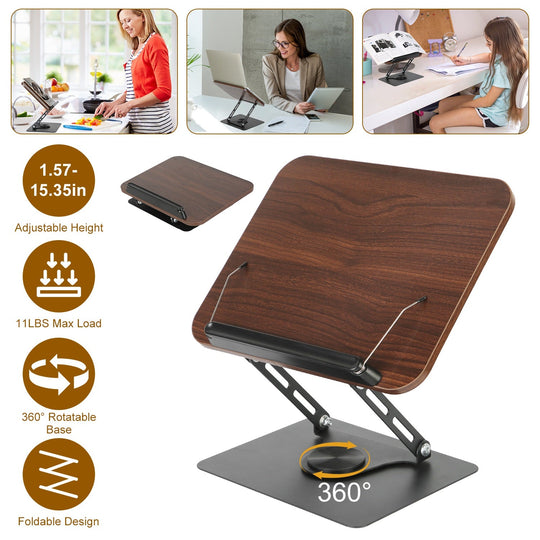 Book Stand for Reading Foldable Wood Book Holder Reading Rack Paper Stand with Adjustable Height 360¡ Rotatable Base Dual Paper Clips for Book Sheet M