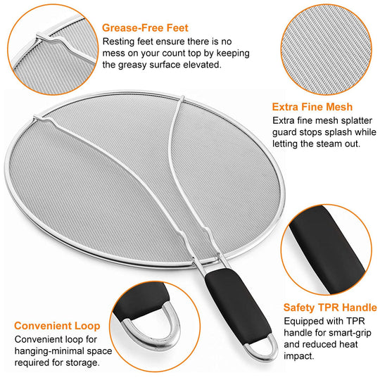 Grease Splatter ScreenÊ13in Stainless Steel Fine Mesh Splash Mesh Shield Hot Oil Stopper w/ Resting Feet For Frying Pan Cooking Woks Skillets Pots Pan
