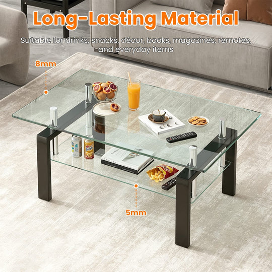 Tempered Glass Coffee Table with 2-Layer Design