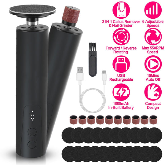 Electric Foot Callus Remover 2 in 1 Rechargeable Foot File Nail Grinder Dead Skin Pedicure Tool Machine with 2 Grinding Heads Total 30Pcs Replaceable