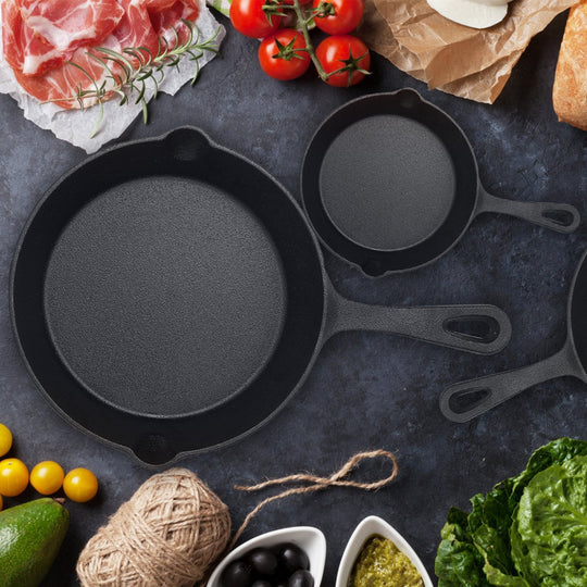 3Pcs Pre-Seasoned Cast Iron Skillet Set 6/8/10in Non-Stick Oven Safe Cookware Heat-Resistant Frying Pan for Frying SautŽing Cooking Baking