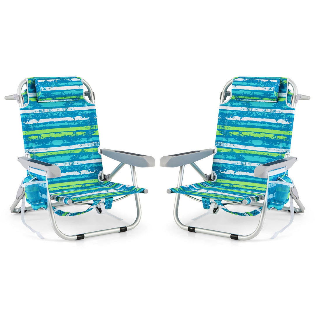 Foldable Backpack Beach Chair with Cup Holder and Storage Pockets Set of 2