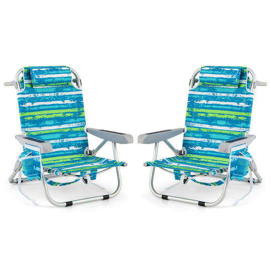Foldable Backpack Beach Chair with Cup Holder and Storage Pockets Set of 2