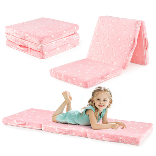 Foldable Floor Mattress for Kids with Washable Flannel Cover-Pink
