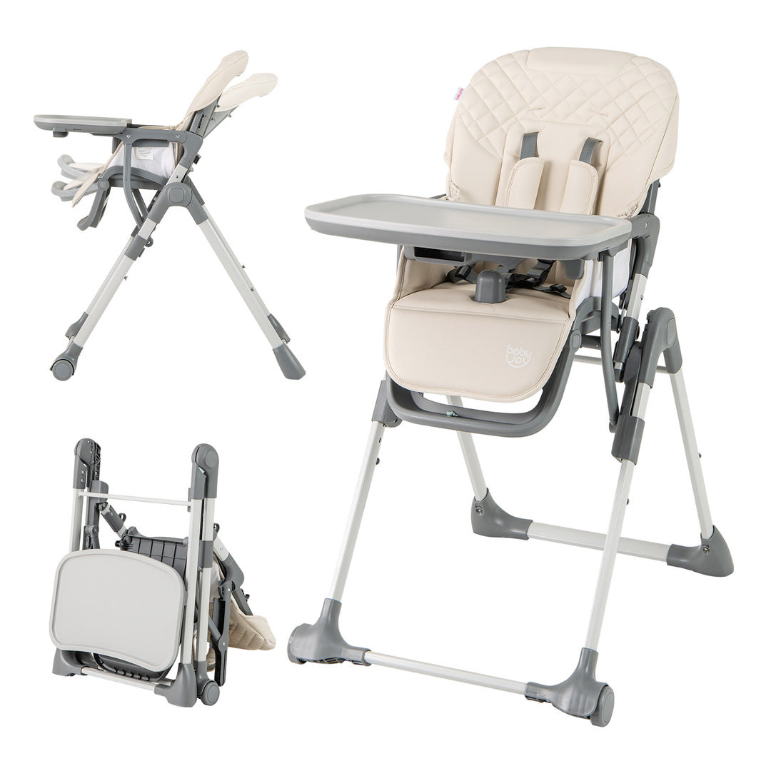 Foldable High Chair with Footrest and Detachable Tray-Beige