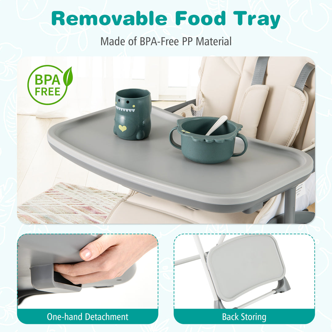 Foldable High Chair with Footrest and Detachable Tray-Beige