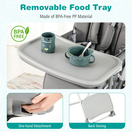 Foldable High Chair with Footrest and Detachable Tray-Gray