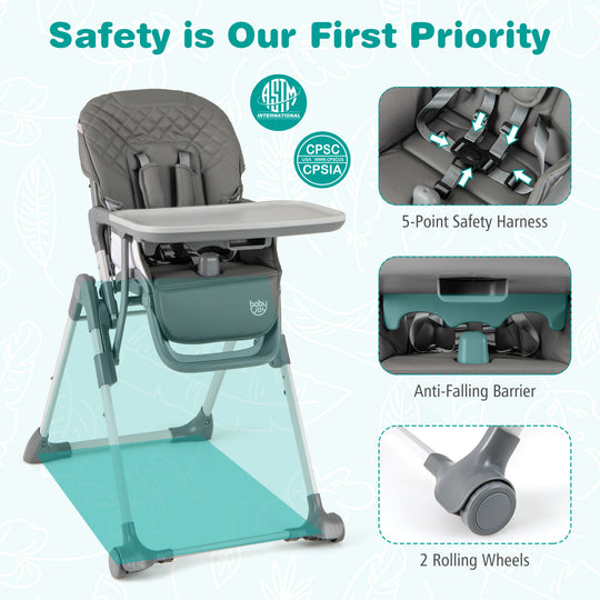 Foldable High Chair with Footrest and Detachable Tray-Gray